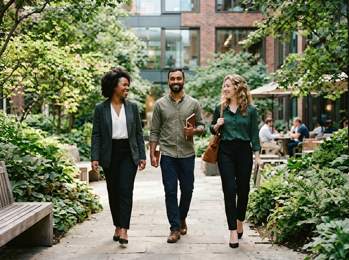 Colleagues walking together in an outdoor office campus